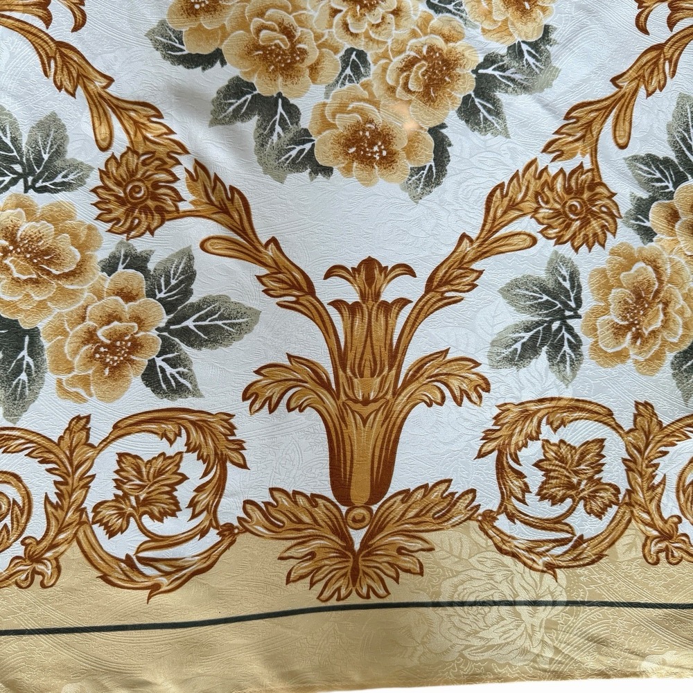 Vintage Baroque Floral Scarf Gold Cream Satin Square Head Neck Wrap - Picture 4 of 8